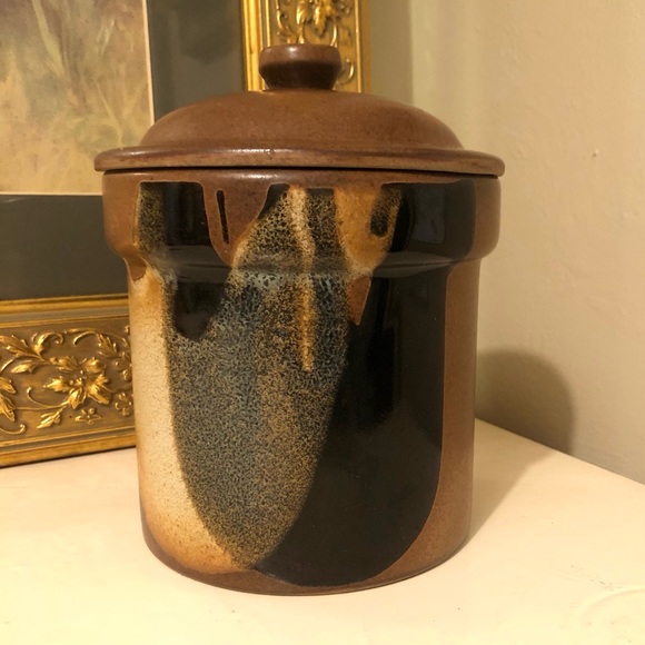Other - 8037 Vintage Pottery Craft Jar with Lid Cocoa Brown Tan Black Knobbed Lid